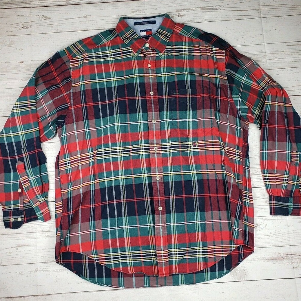 Tommy Hilfiger Mens Plaid Patchwork Button Shirt L
